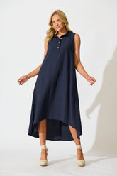 Navy Linen Midi Dress - Casual Elegance