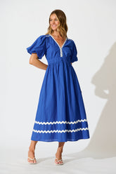 Cobalt Maxi Dress with White Trim - Cotton Summer Wear
