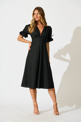 Black Cotton Sunrays Midi Dress