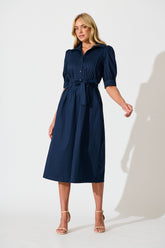 Navy Cotton Midi Dress - Mila