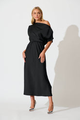 Black Satin Off Shoulder Maxi Dress - Sarita