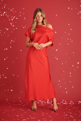 Red Satin Off Shoulder Maxi Dress