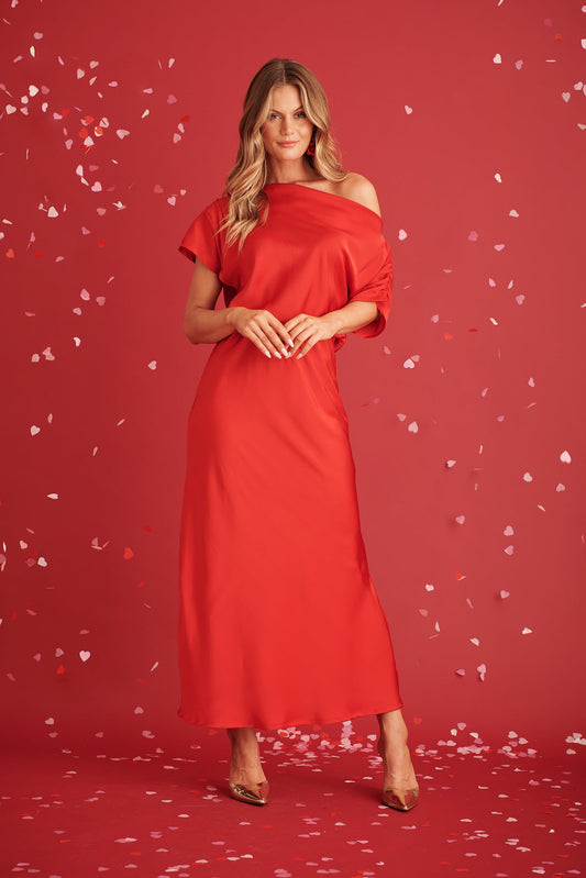 Red Satin Off Shoulder Maxi Dress