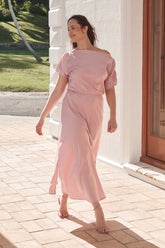 Blush Satin Off-Shoulder Maxi Dress