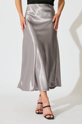 Grey Satin Poise Midi Skirt