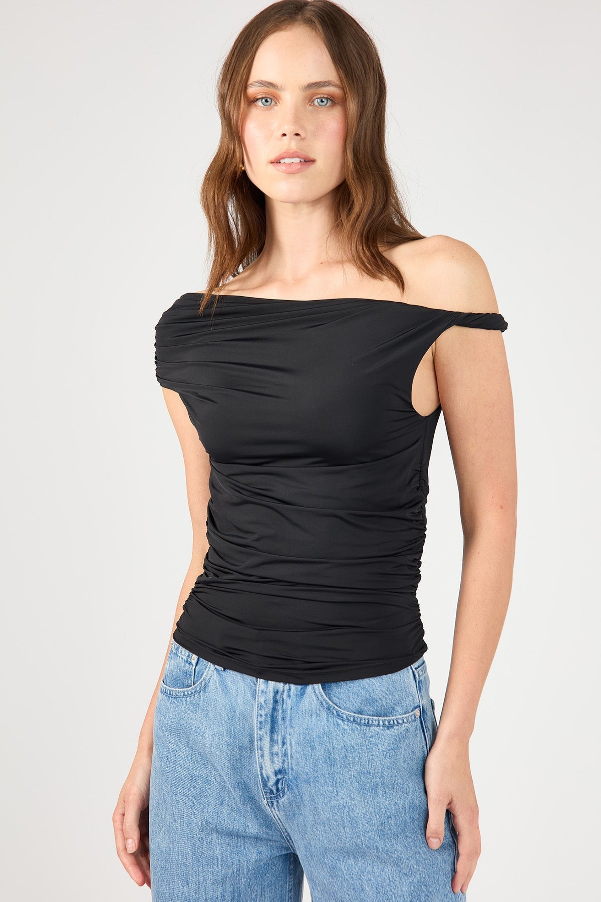 Black Ruched Long Sleeve Jersey Top