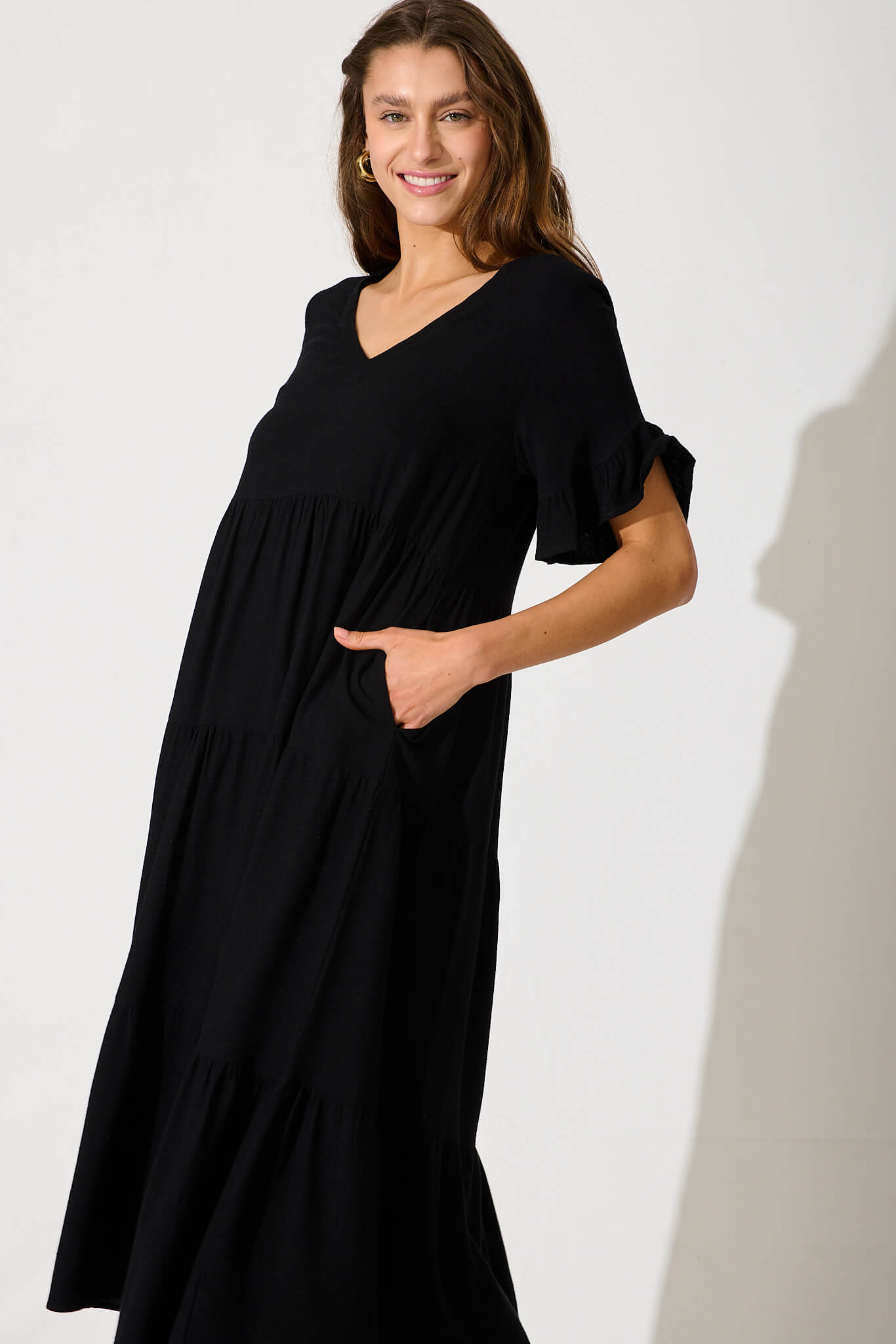 Black Linen Blend Midi Dress