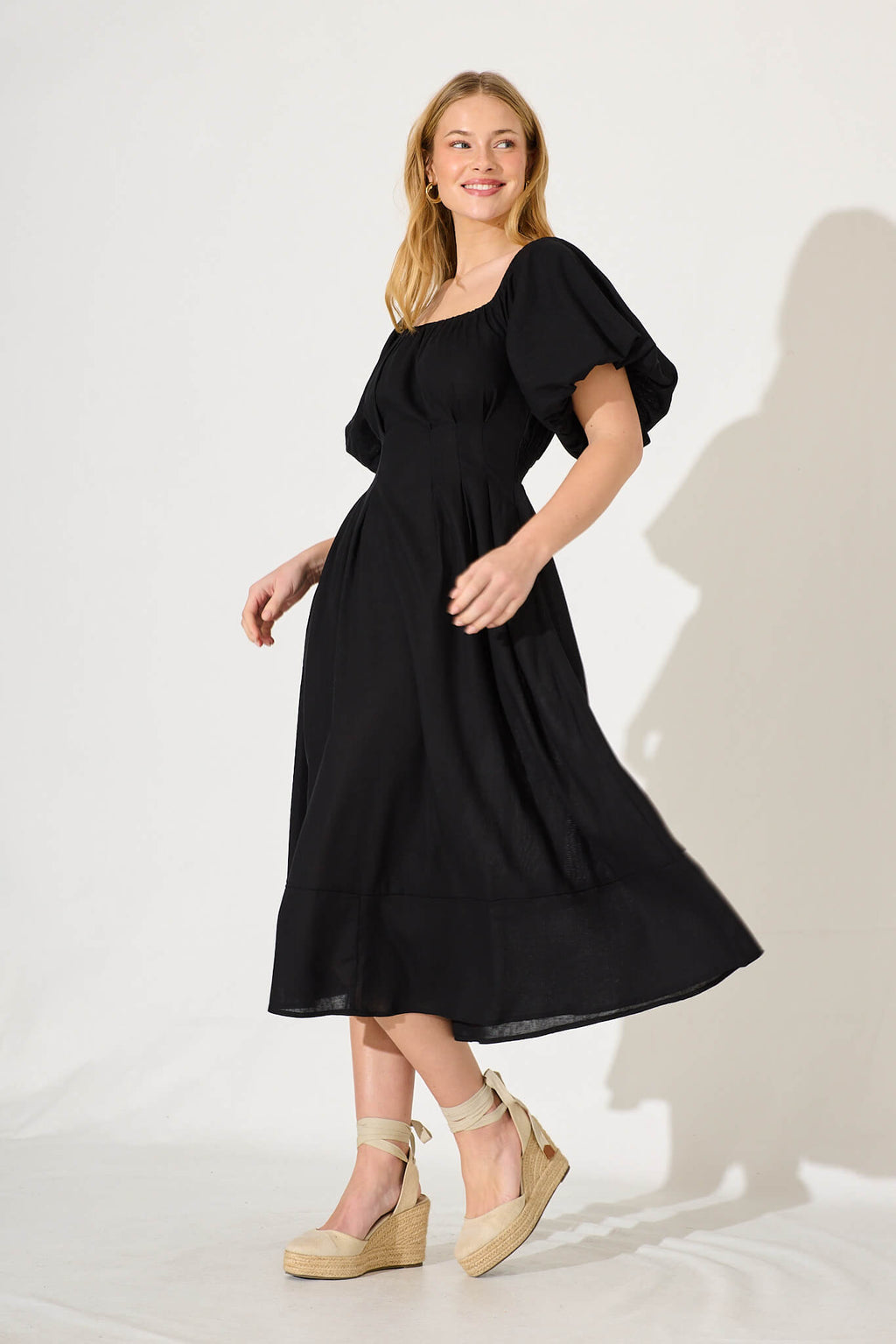 Black Linen Blend Midi Dress for Winter