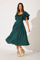 Emerald Linen Blend Midi Dress for Winter