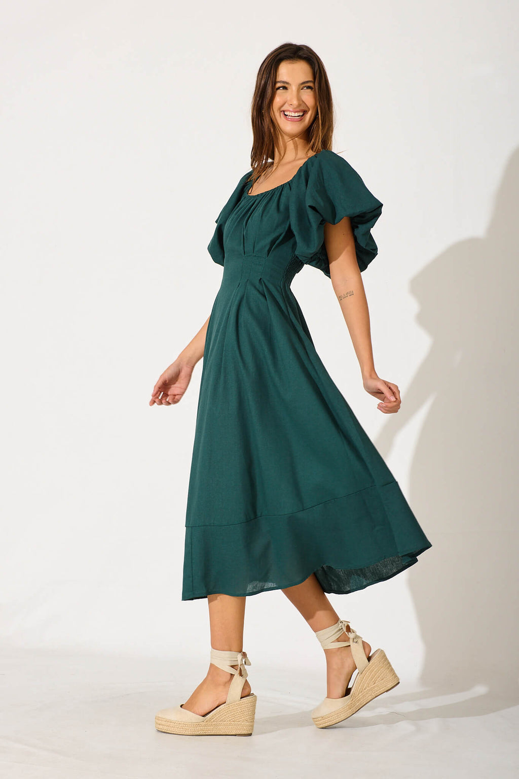 Emerald Linen Blend Midi Dress for Winter