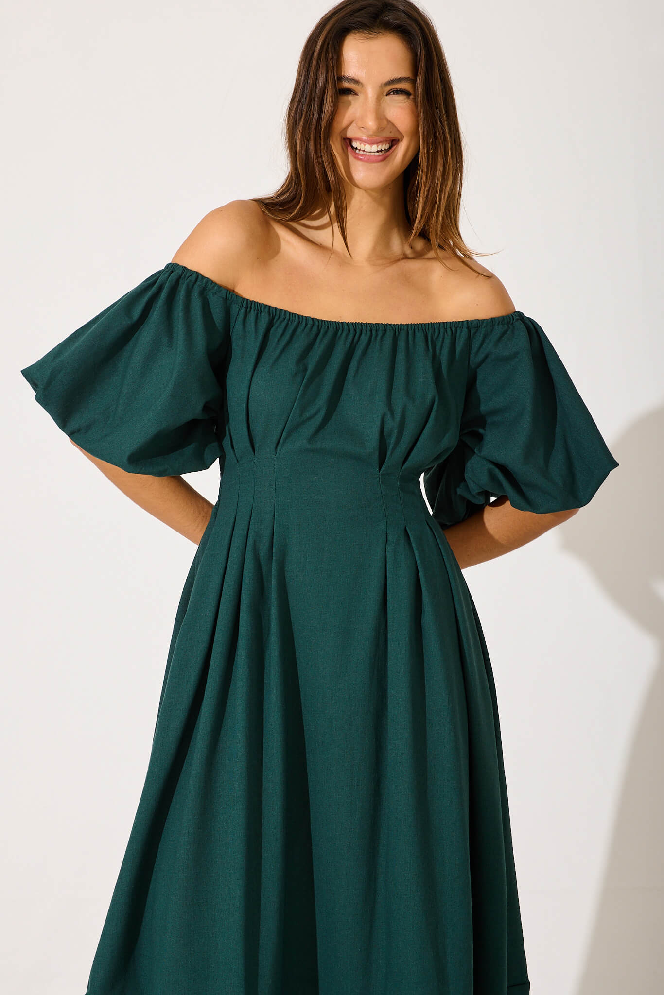 Emerald Linen Blend Midi Dress for Winter