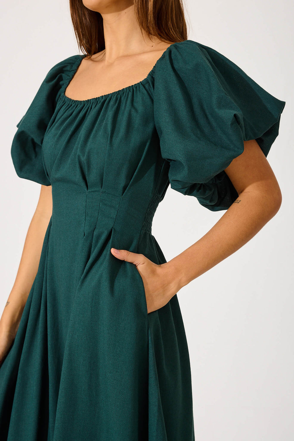 Emerald Linen Blend Midi Dress for Winter
