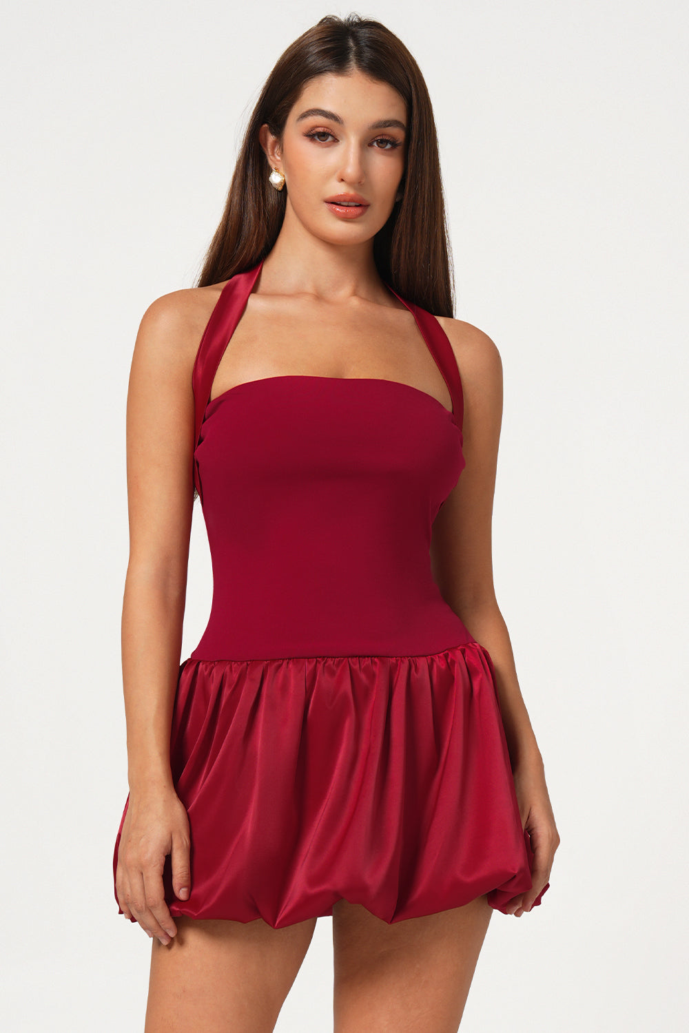 Red Satin Lace-Up Bubble Hem Mini Dress