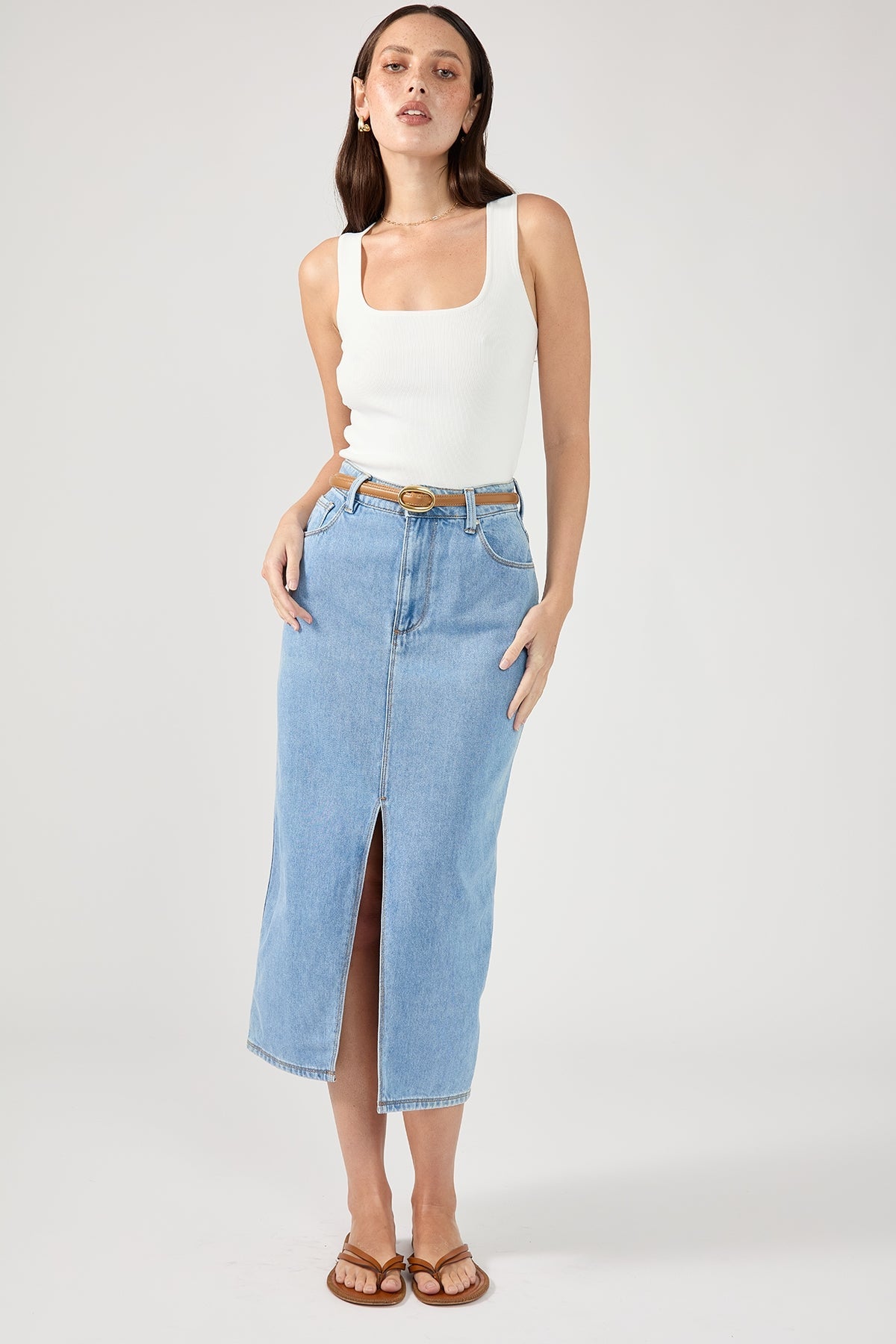 Blue High-Waist Split Denim Midi Skirt