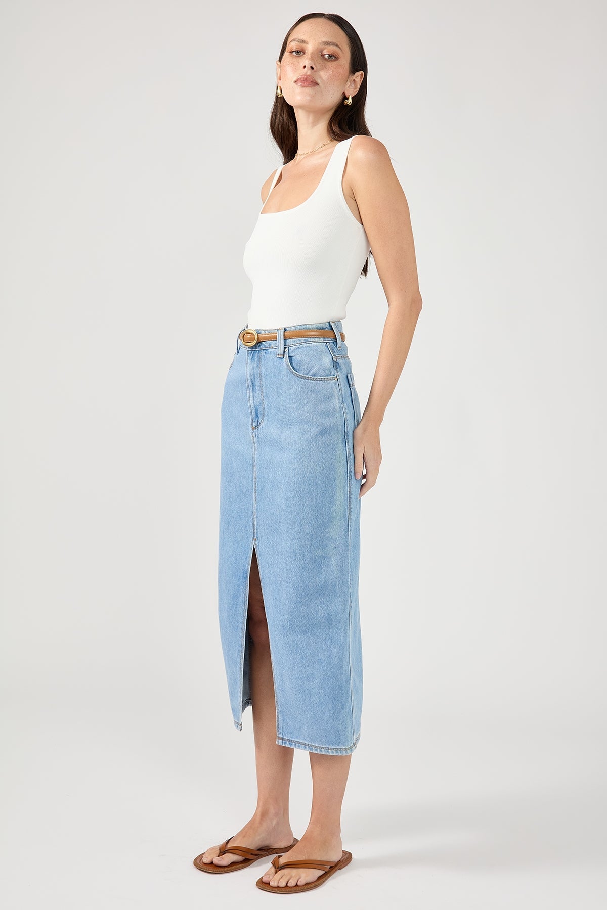 Blue High-Waist Split Denim Midi Skirt