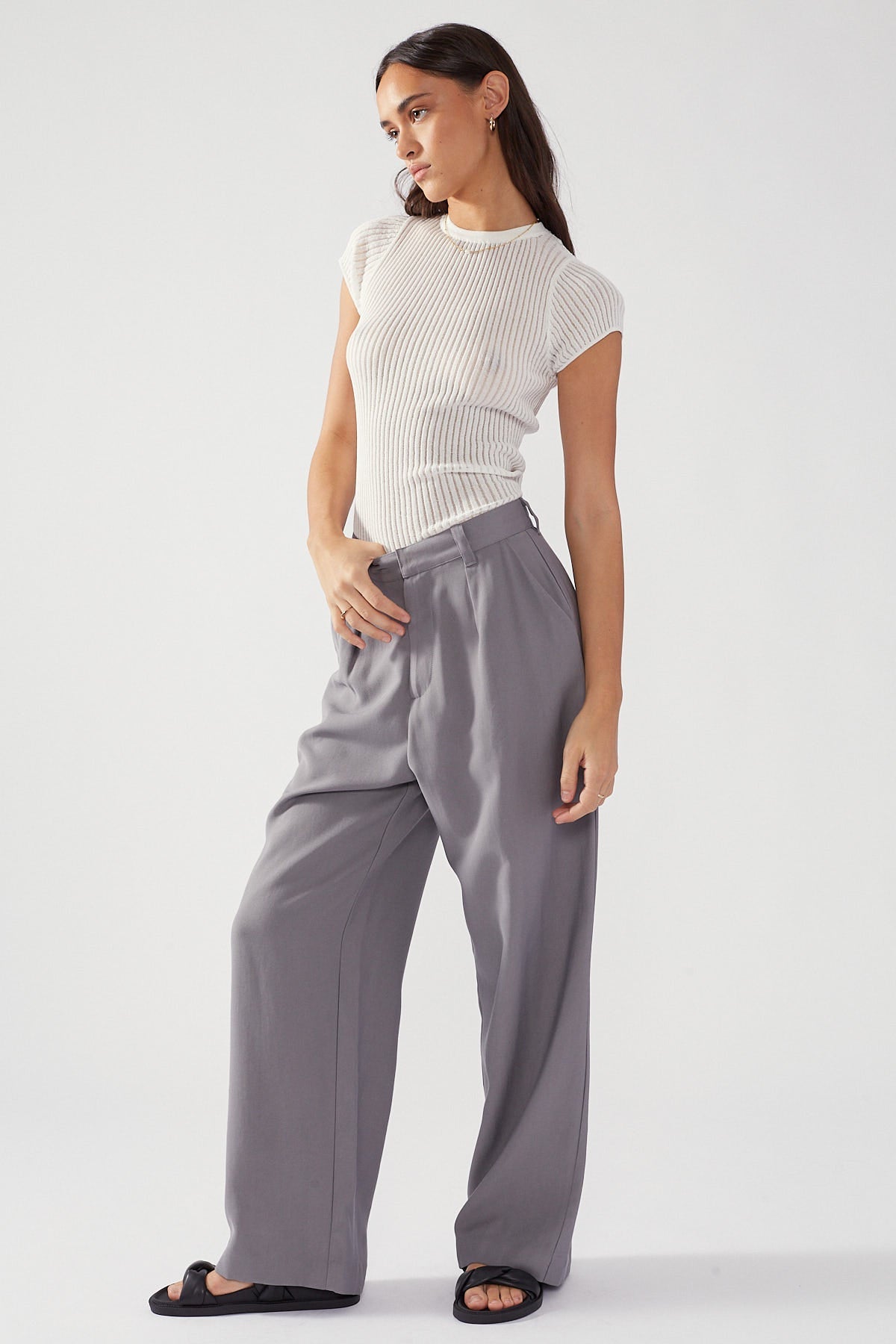 Charcoal Tailored Wide-Leg Petite Pants