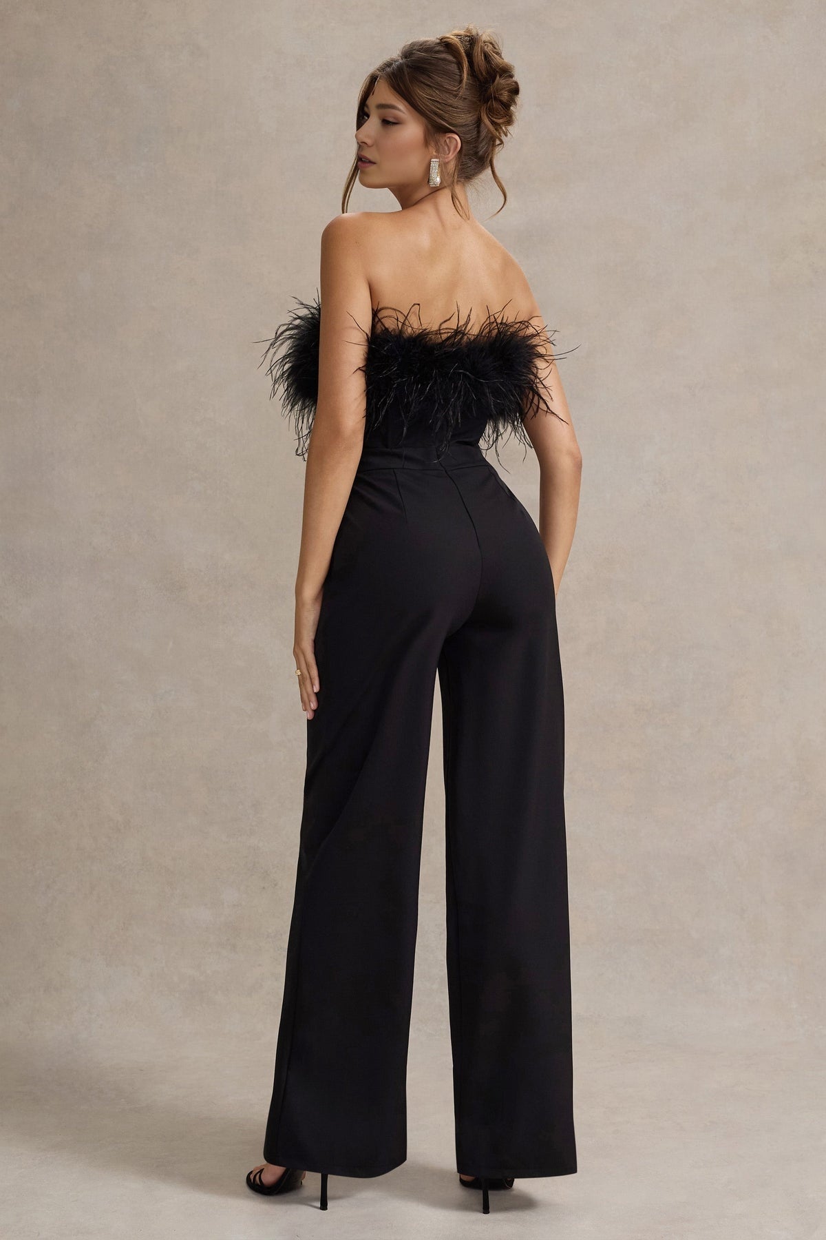 Black Feather Strapless Wide-Leg Jumpsuit