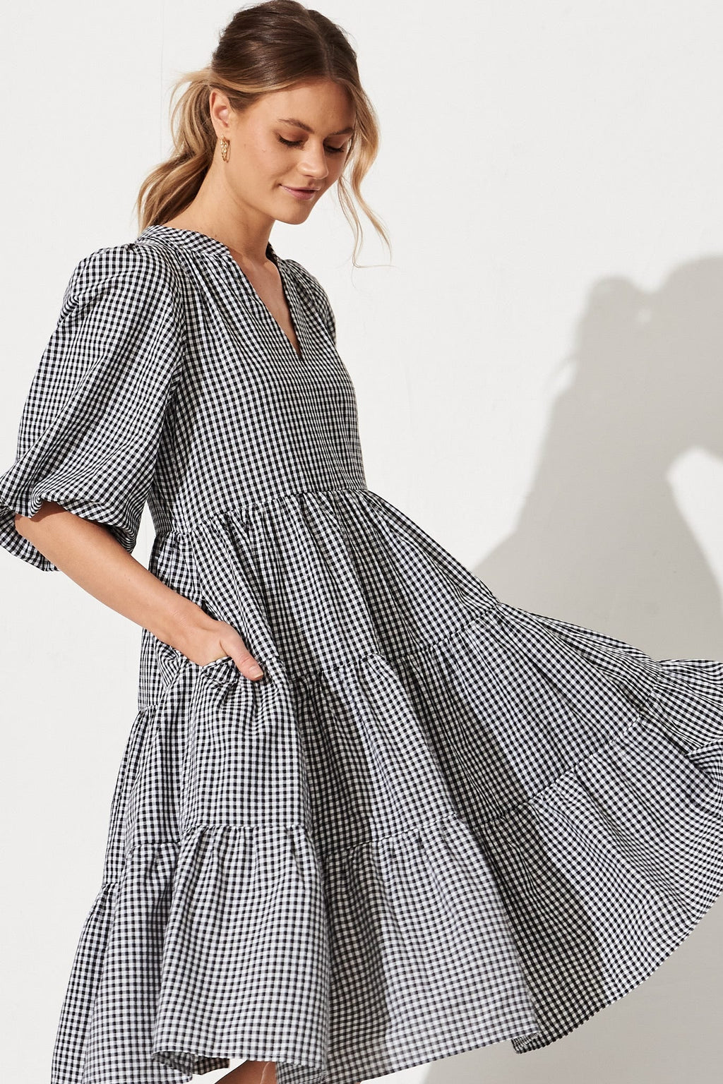 Black & White Gingham Tiered Dress by Kehlana