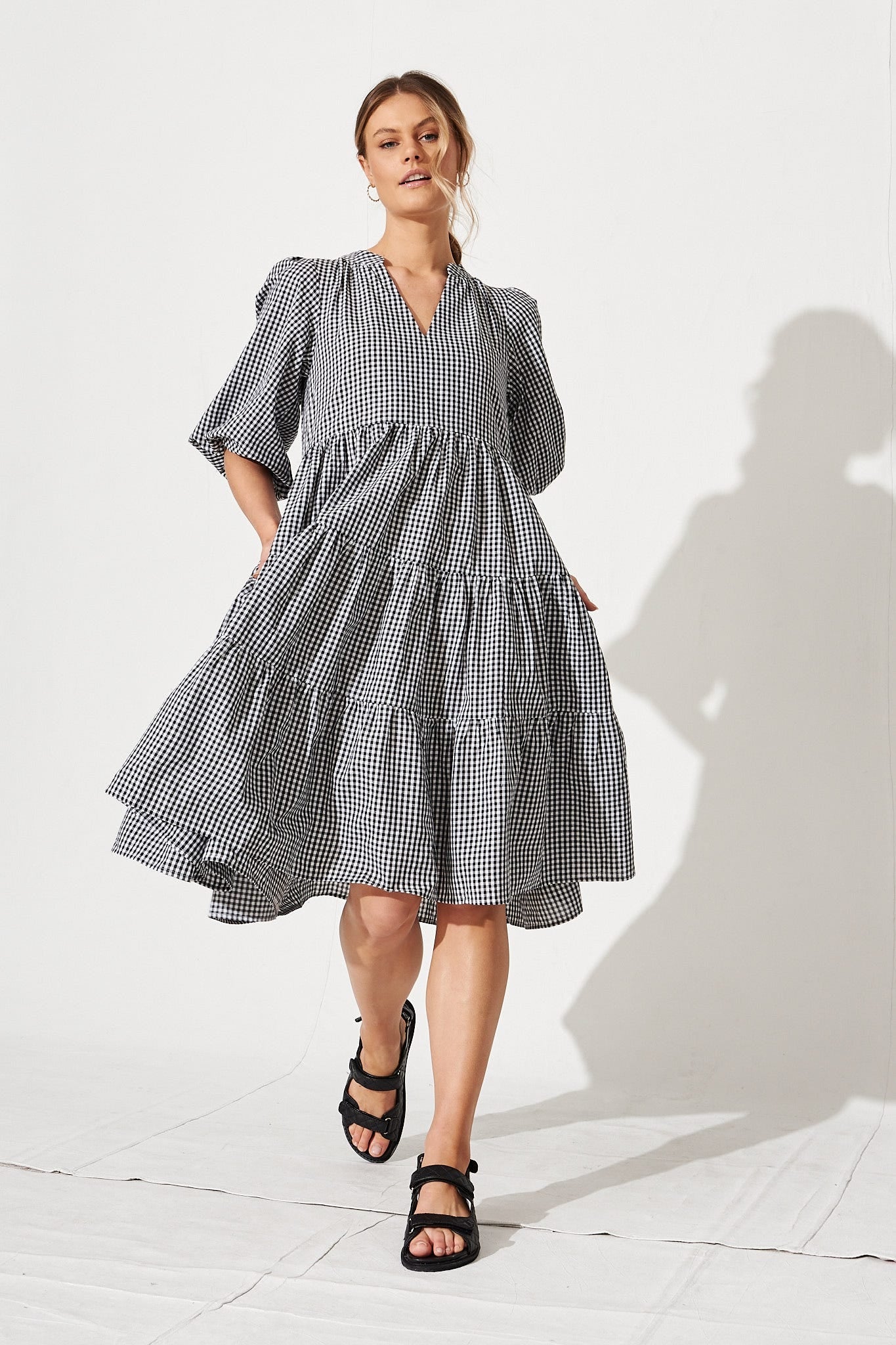 Black & White Gingham Tiered Dress by Kehlana