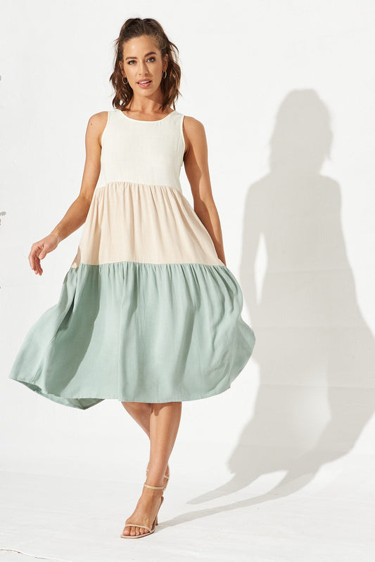Dusty Teal Colorblock Linen Midi Dress