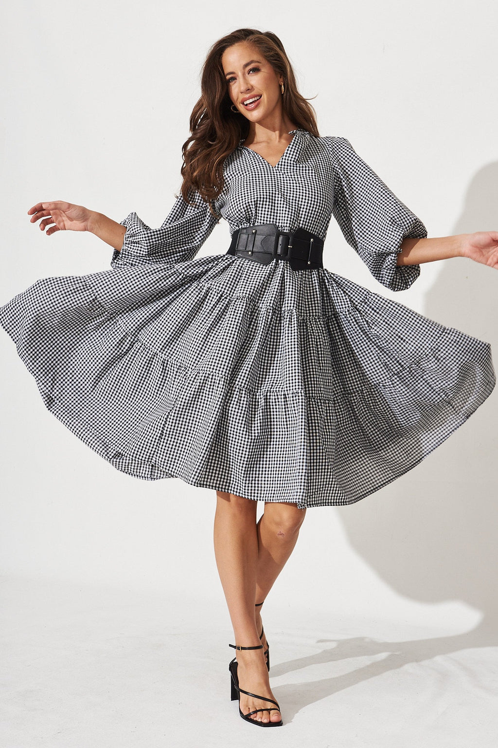 Black & White Gingham Tiered Dress by Kehlana