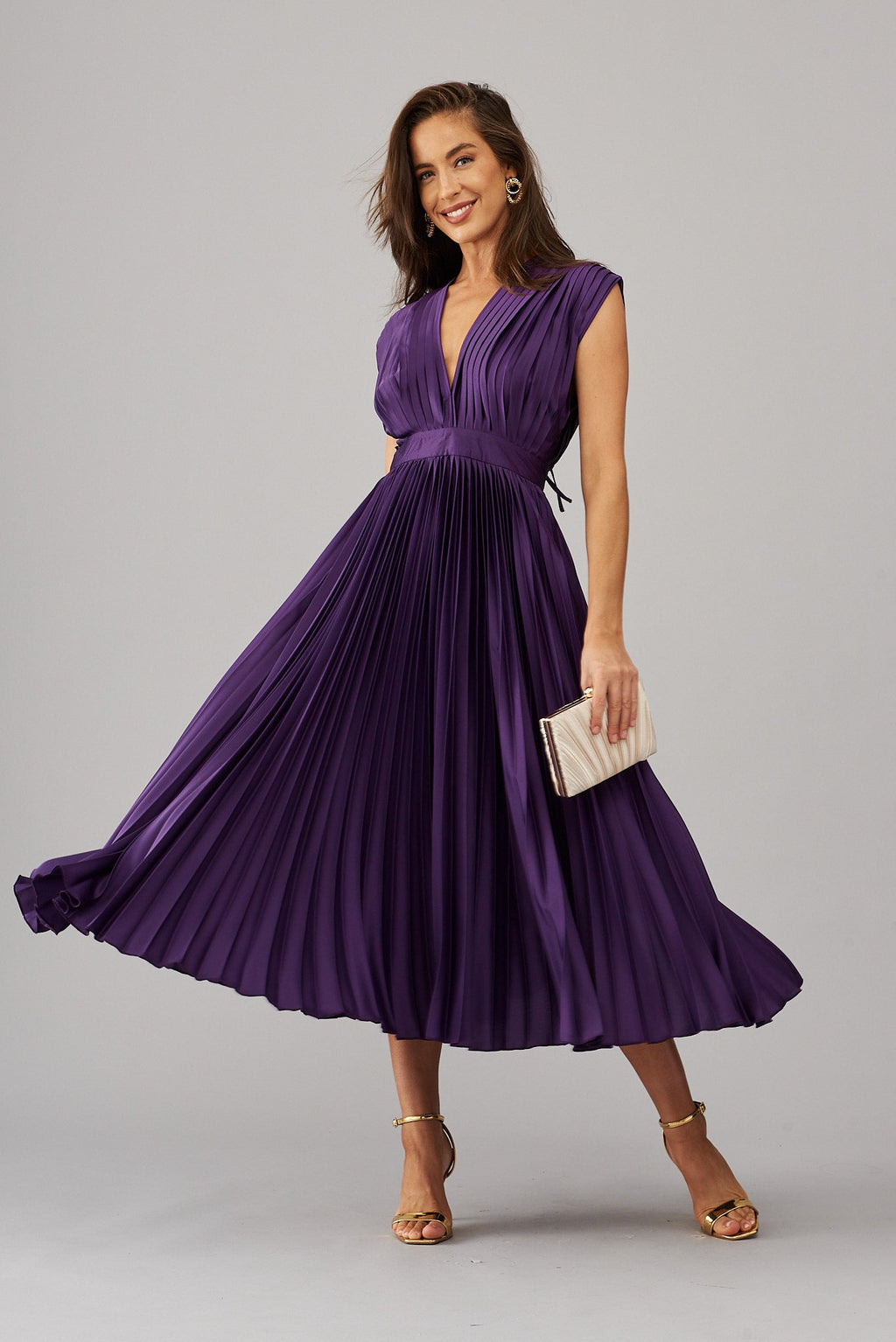 Purple Satin Pleated Midi Dress