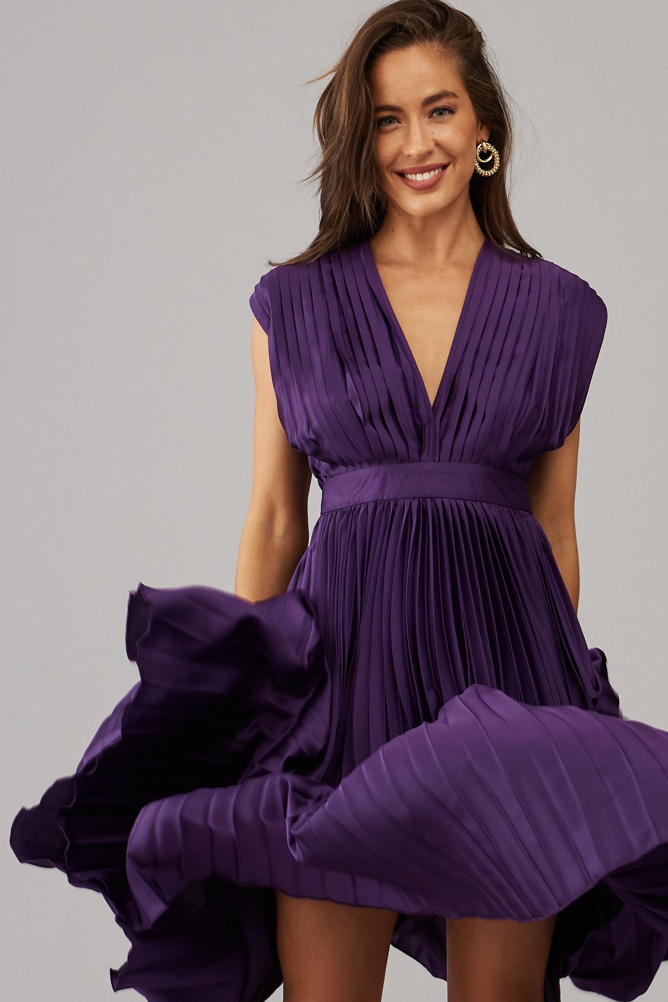 Purple Satin Pleated Midi Dress