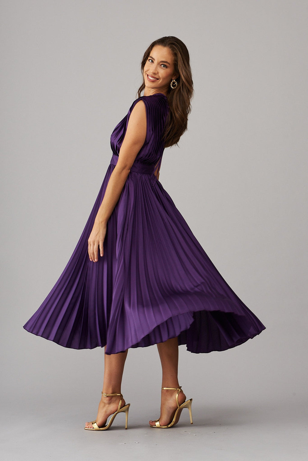 Purple Satin Pleated Midi Dress