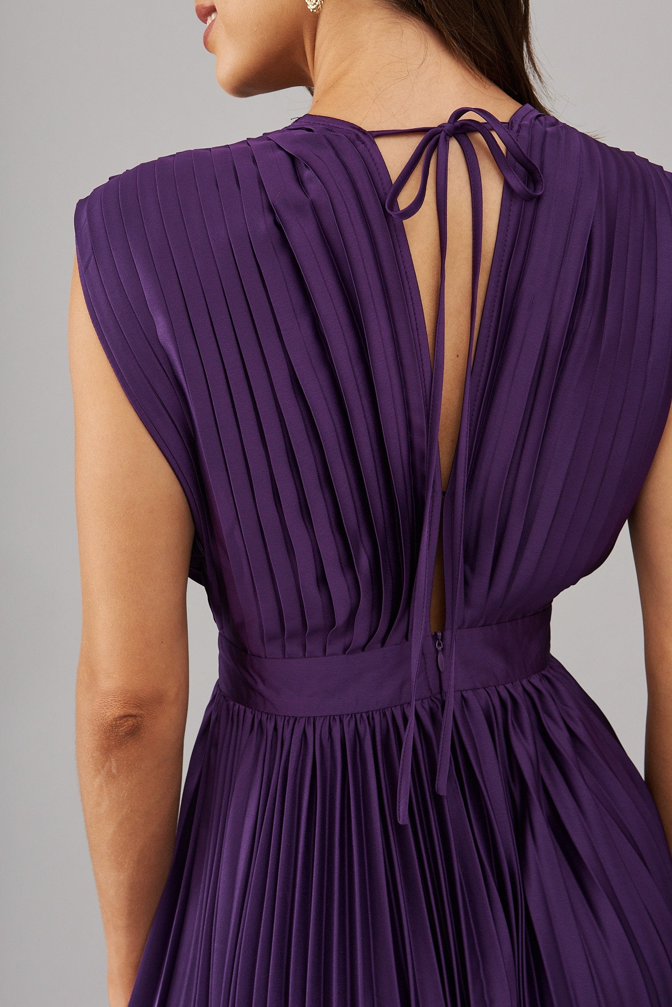 Purple Satin Pleated Midi Dress