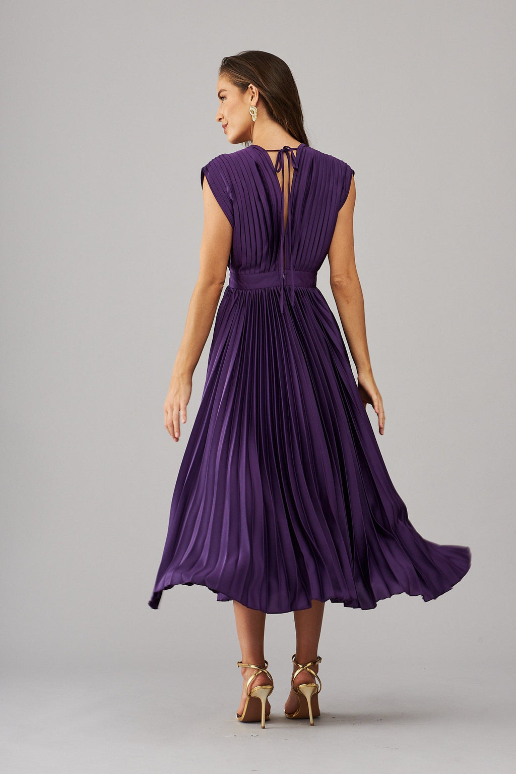 Purple Satin Pleated Midi Dress