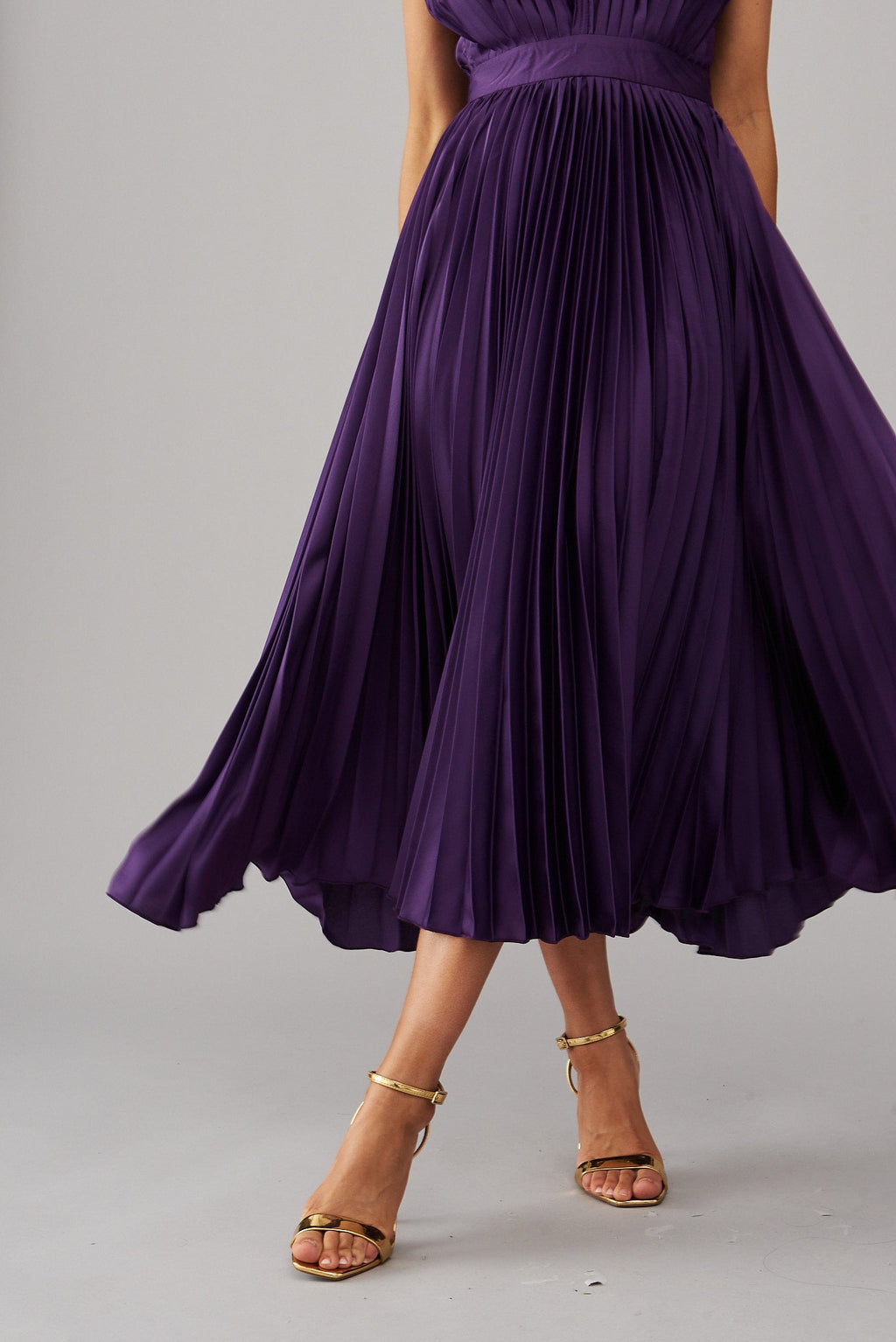 Purple Satin Pleated Midi Dress