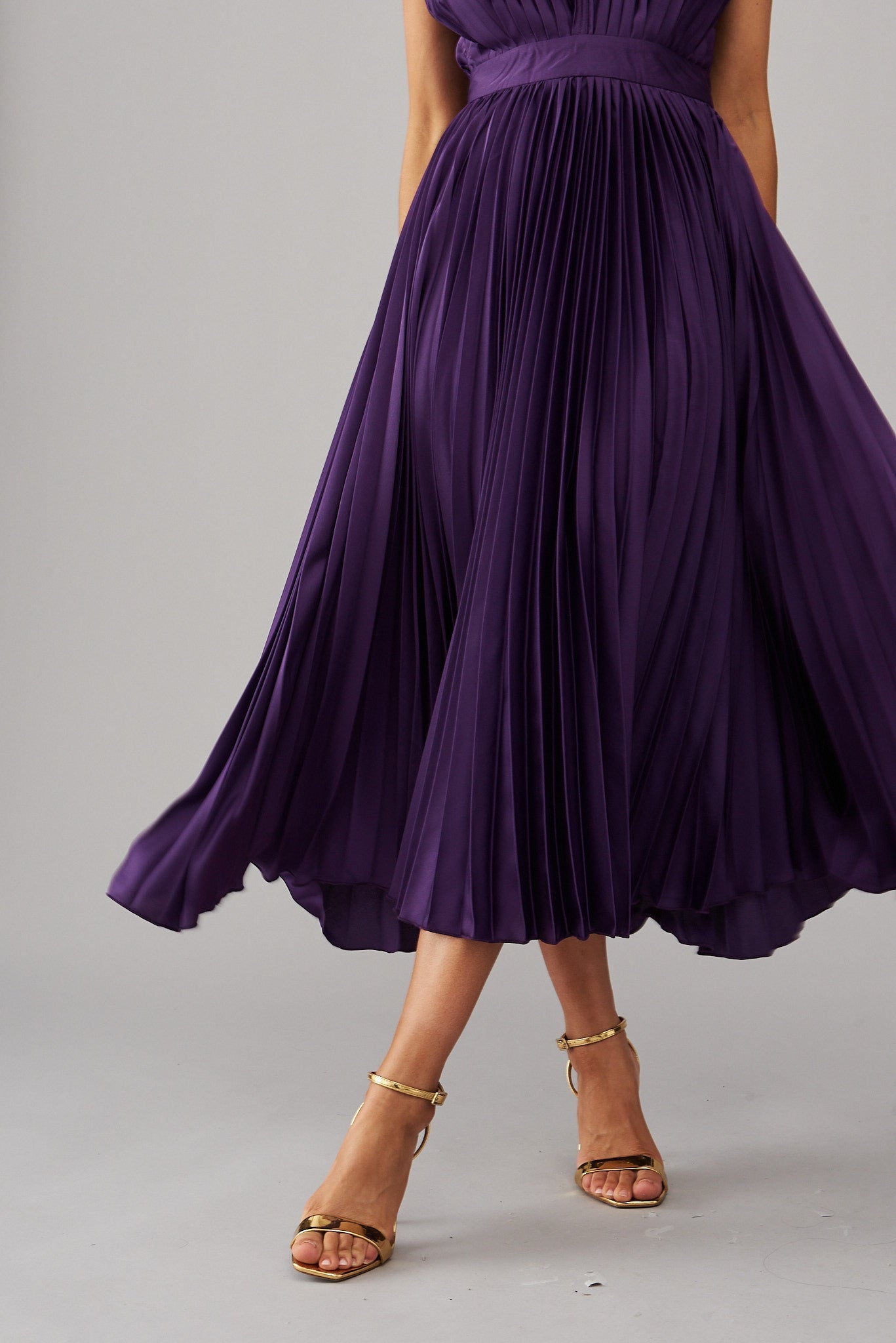 Purple Satin Pleated Midi Dress