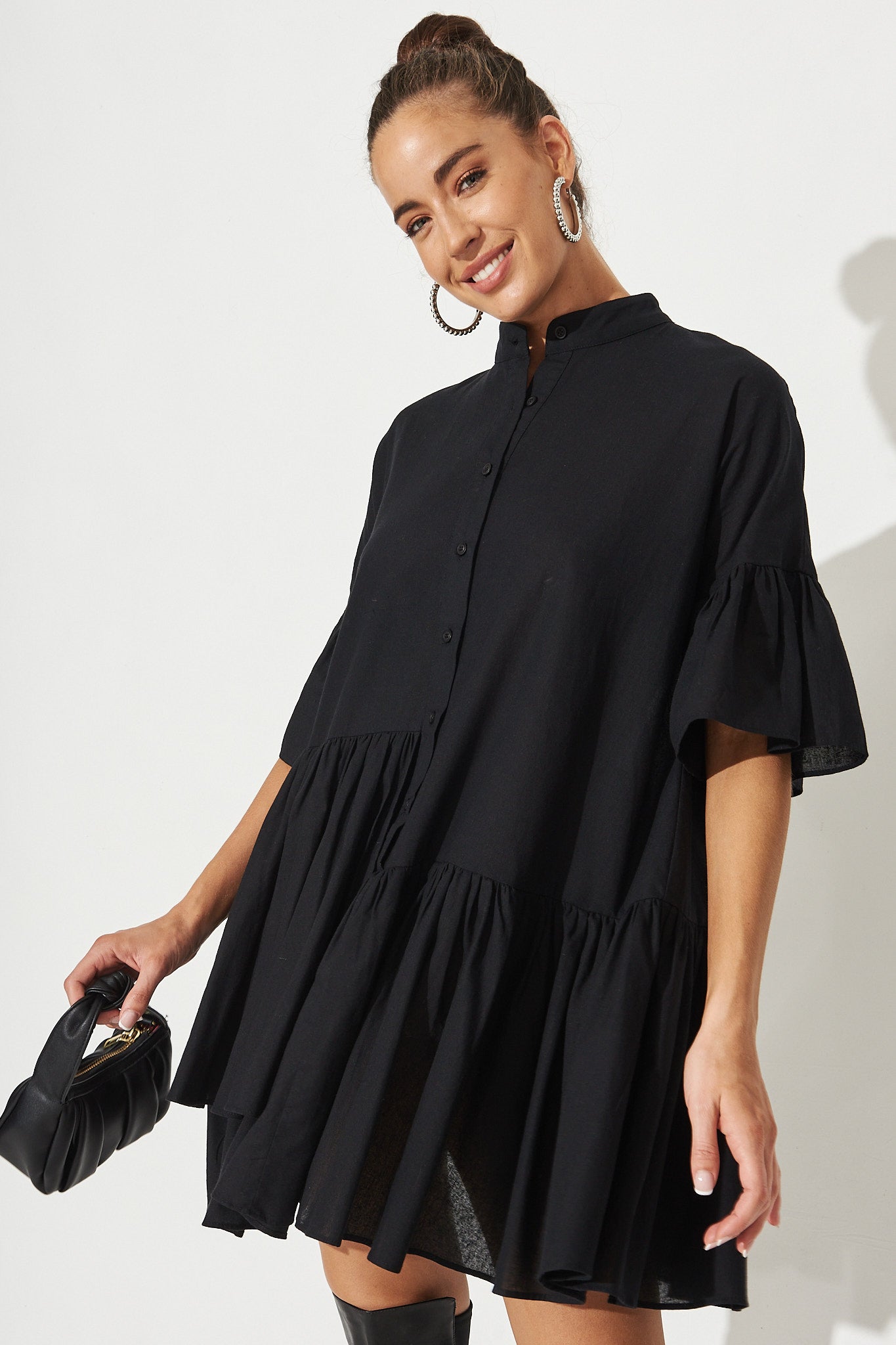 Black Cotton Blend Smock Dress - Blaire Style