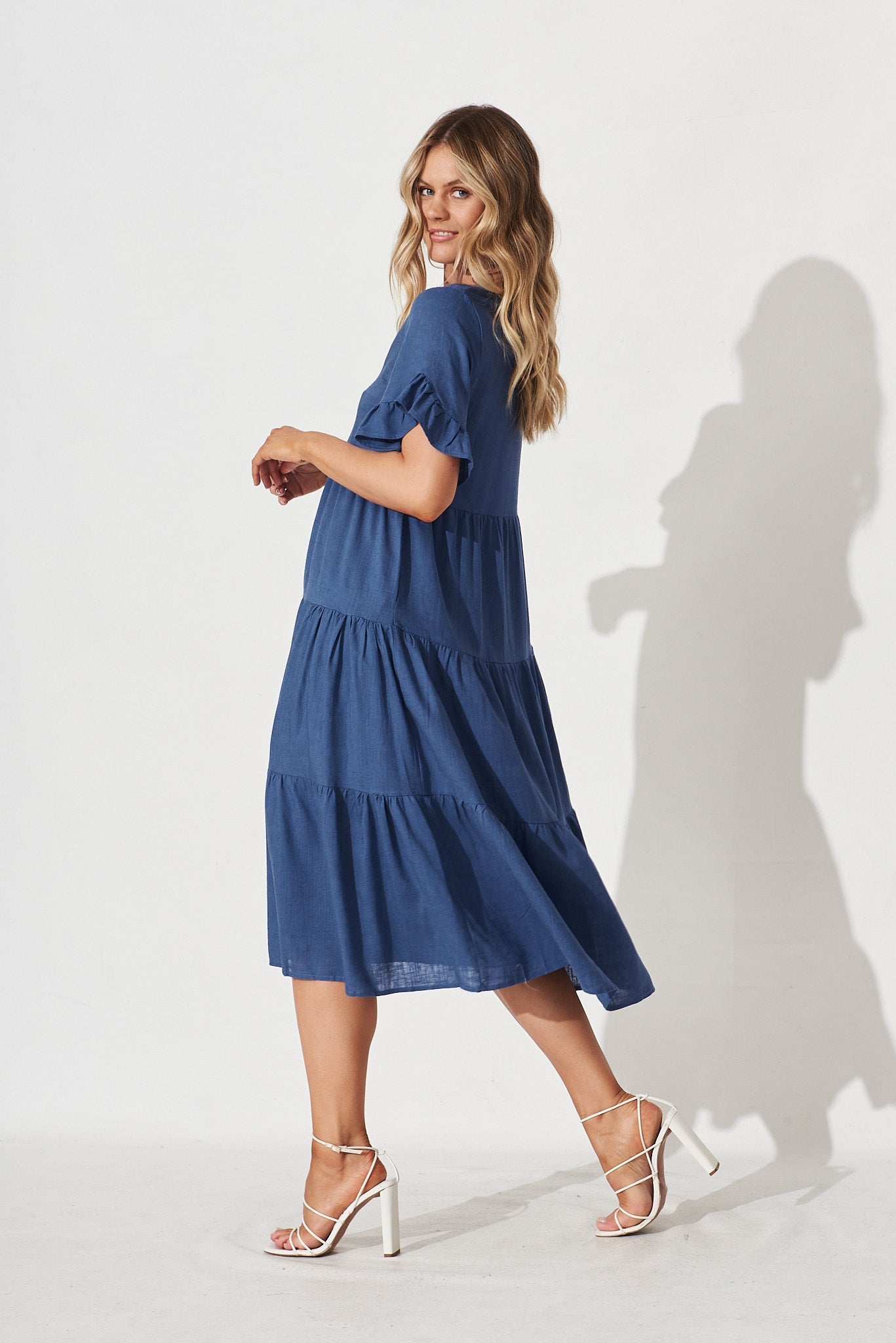 Blue Linen Blend Smock Dress by Kristen
