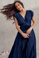 Anetta Pleated Navy Satin Midi Dress