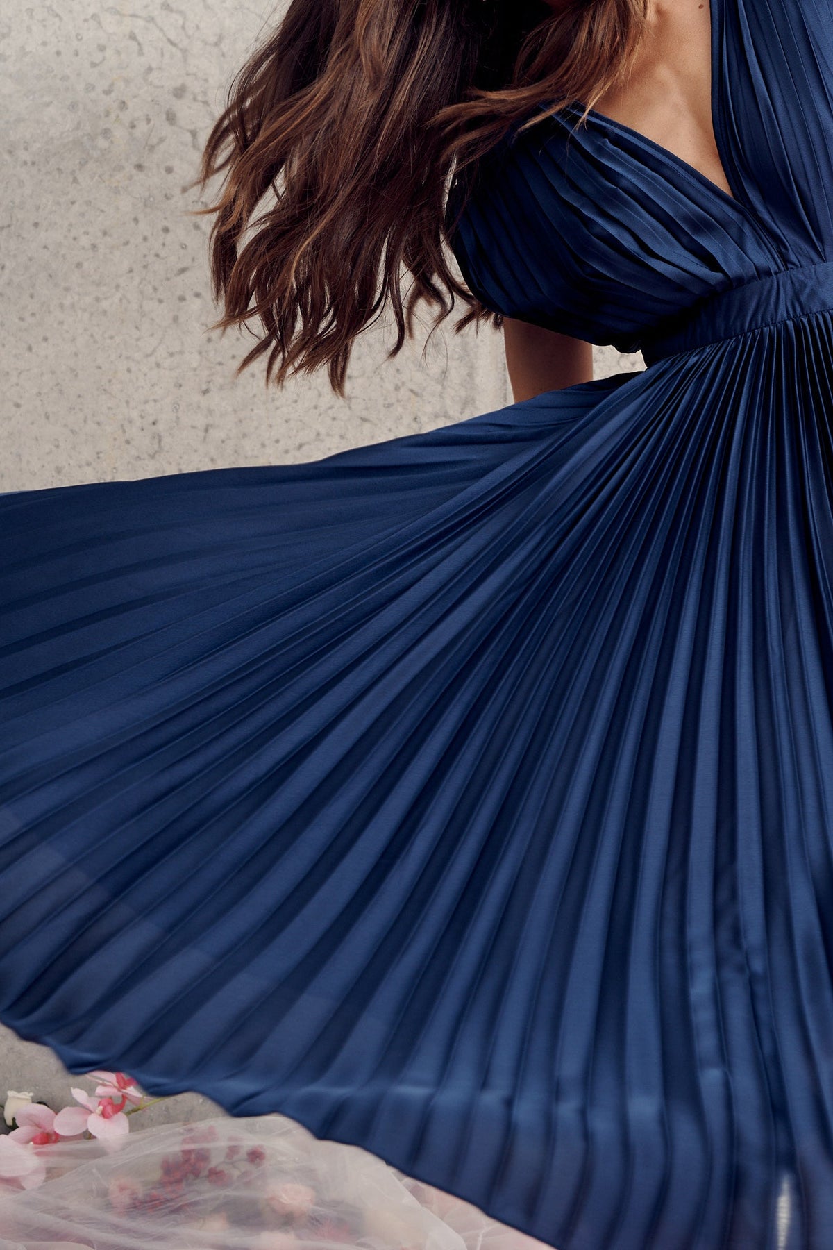 Anetta Pleated Navy Satin Midi Dress