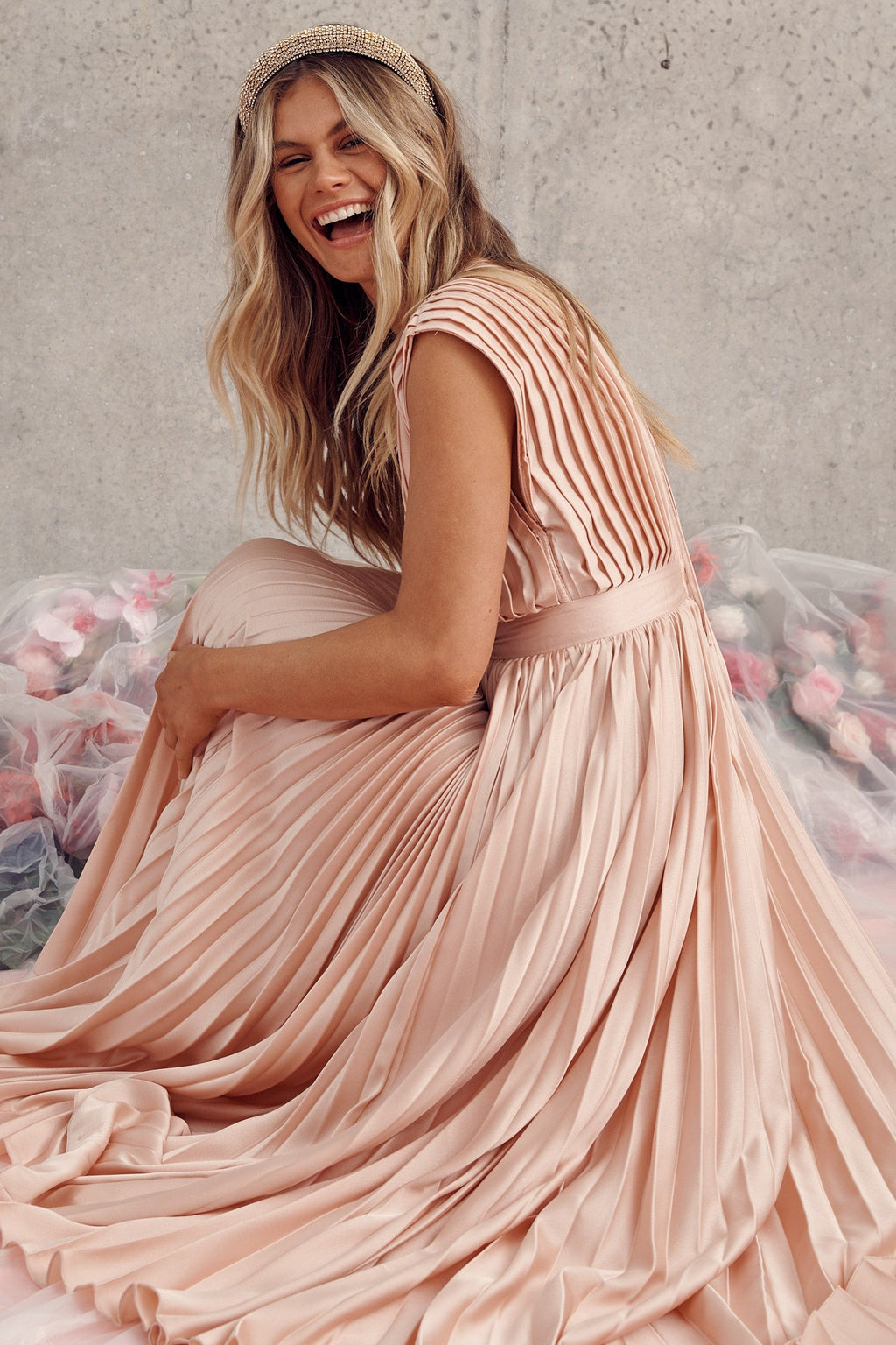 Blush Satin Pleated Midi Dress
