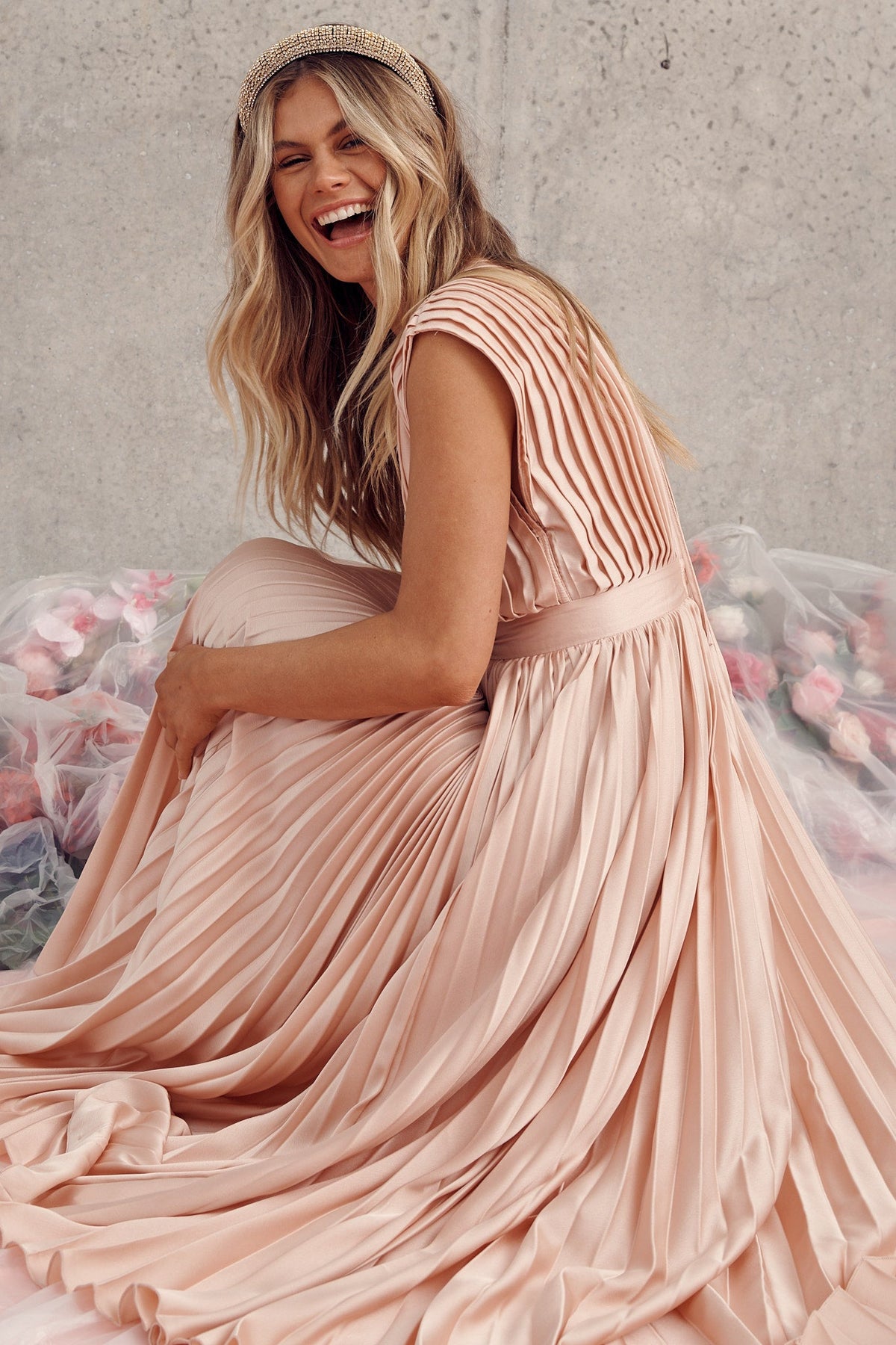 Blush Satin Pleated Midi Dress