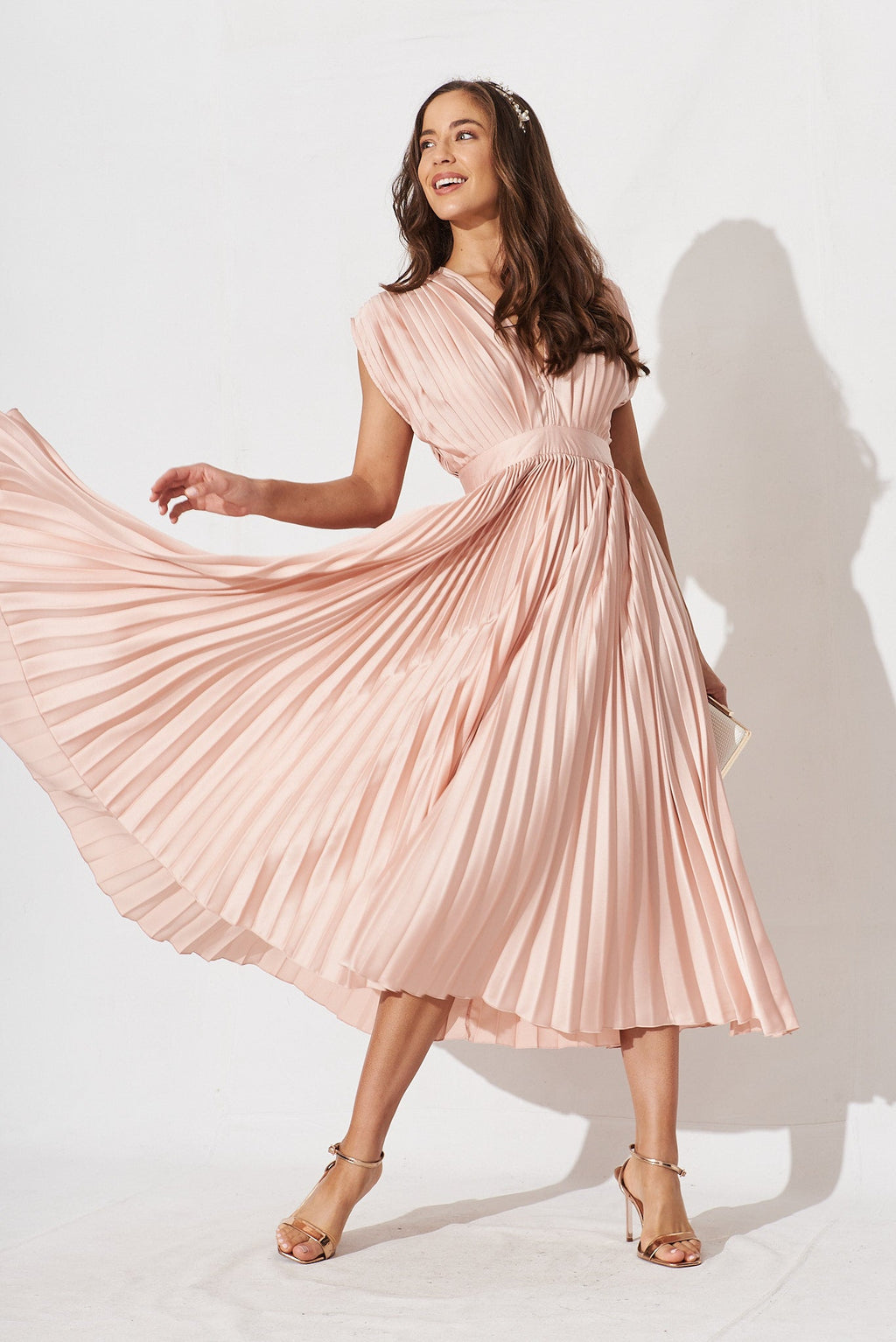 Blush Satin Pleated Midi Dress