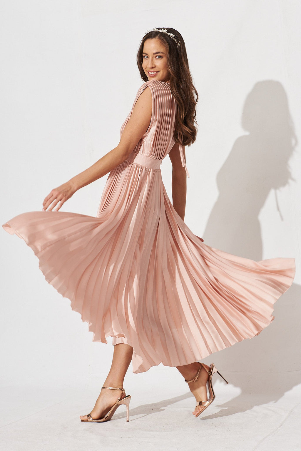 Blush Satin Pleated Midi Dress