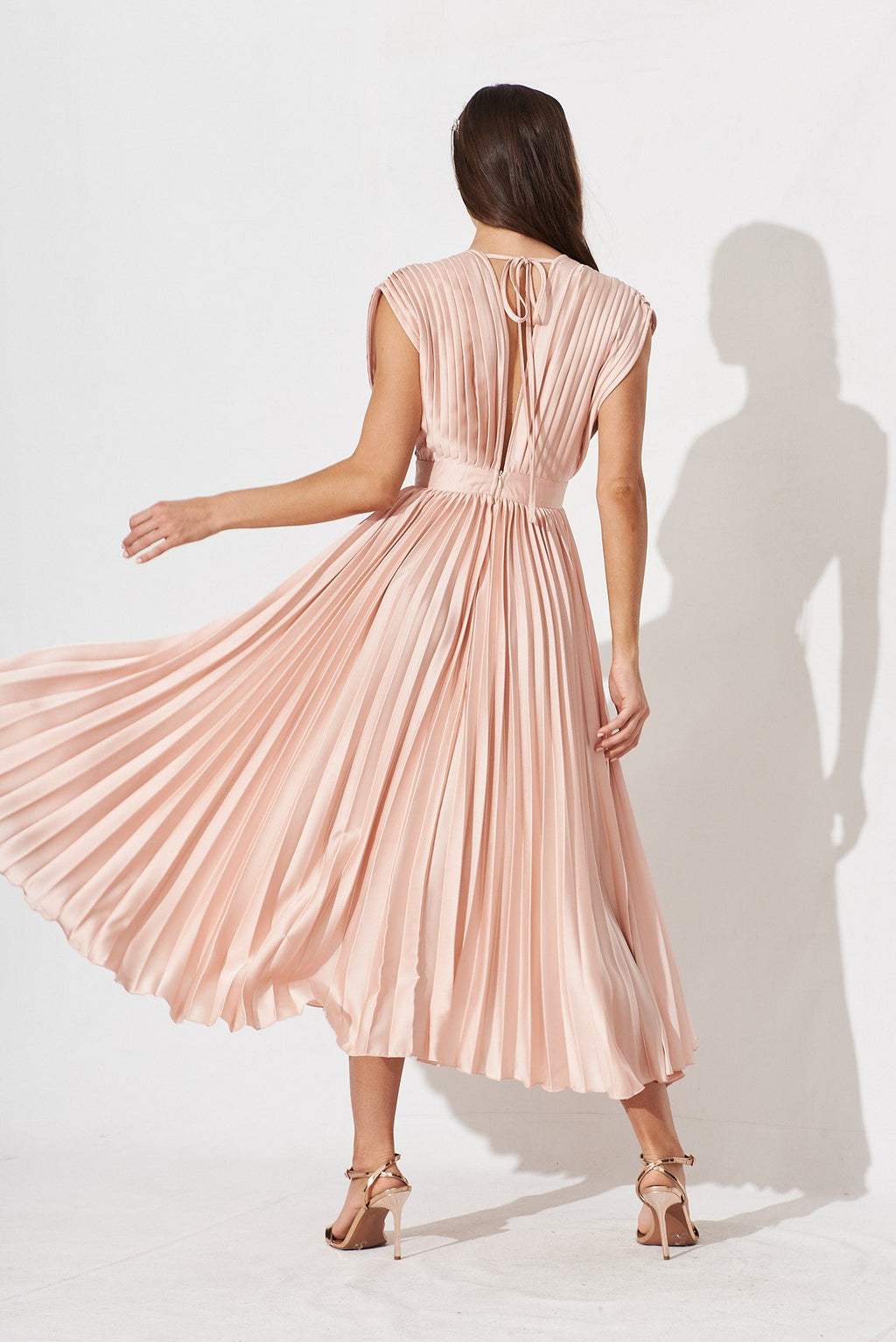 Blush Satin Pleated Midi Dress
