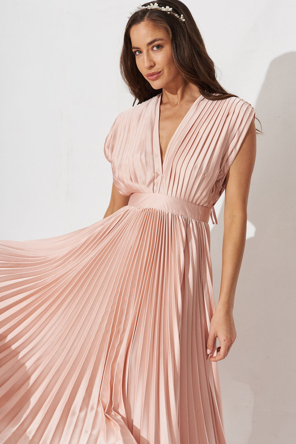 Blush Satin Pleated Midi Dress