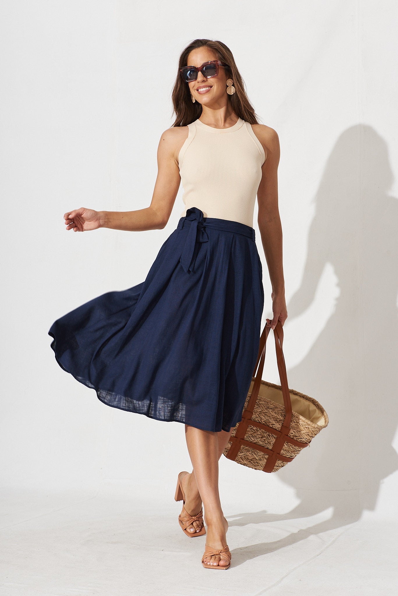 Navy Linen Bailey Midi Skirt