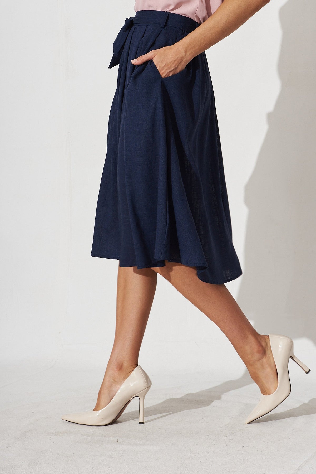 Navy Linen Bailey Midi Skirt
