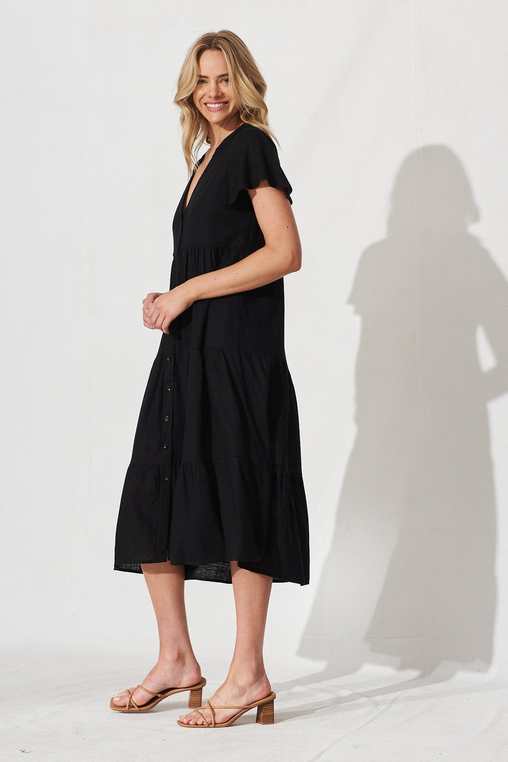 Black Linen Blend Midi Shirt Dress by Marvela