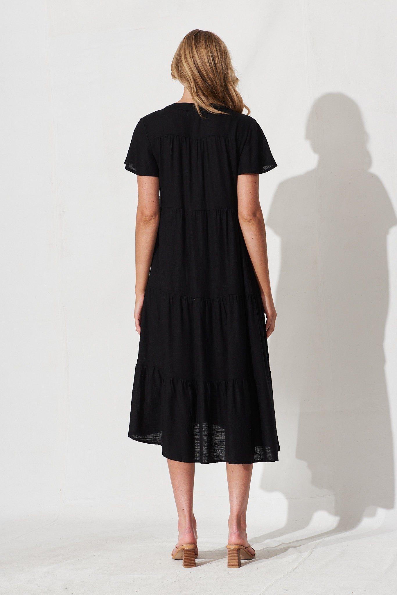 Black Linen Blend Midi Shirt Dress by Marvela