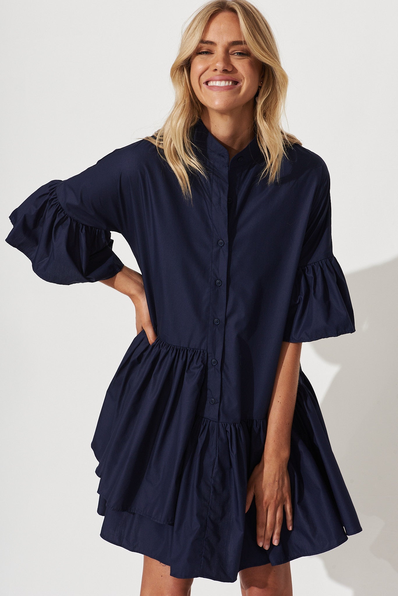 Navy Cotton Blend Smock Dress