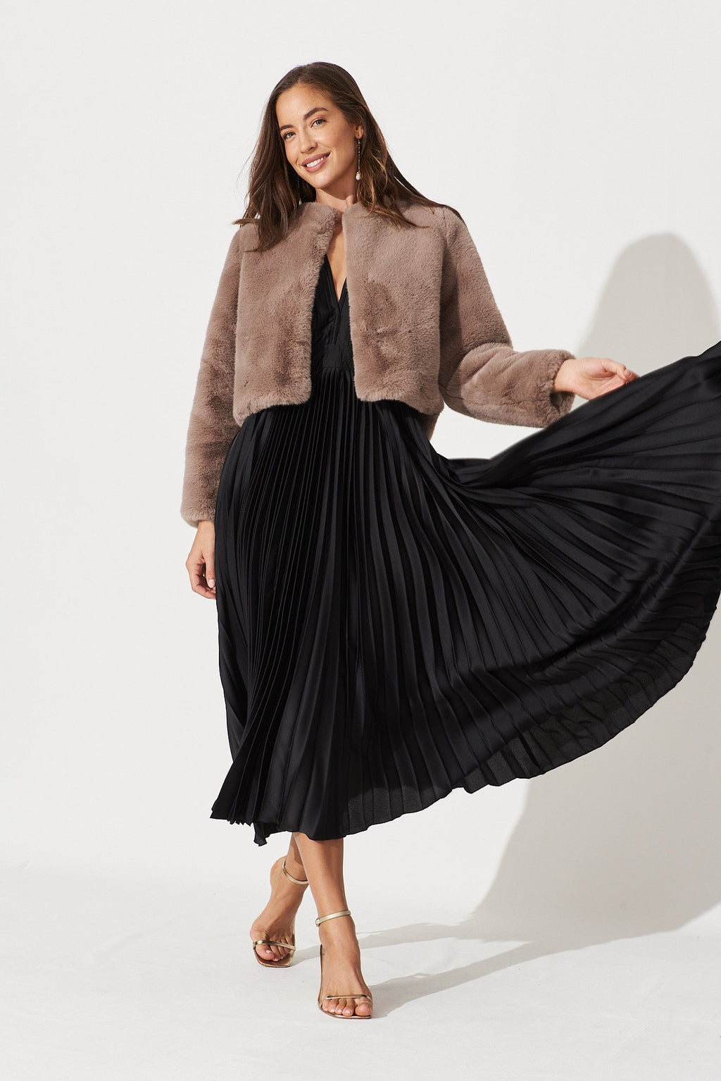 Black Satin Pleated Midi Dress - Anetta