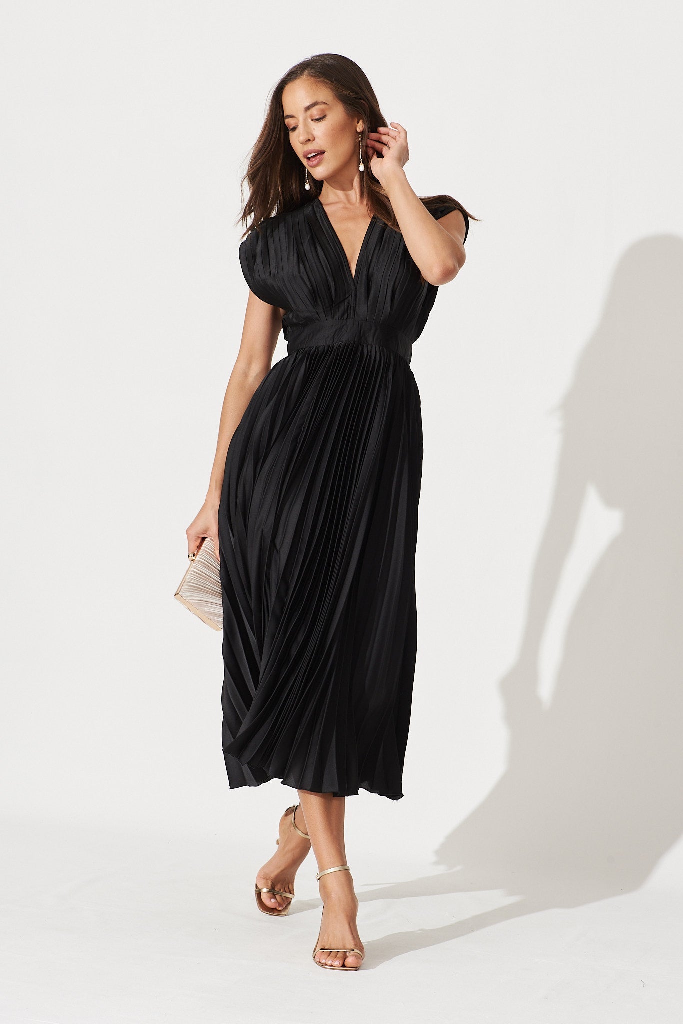 Black Satin Pleated Midi Dress - Anetta