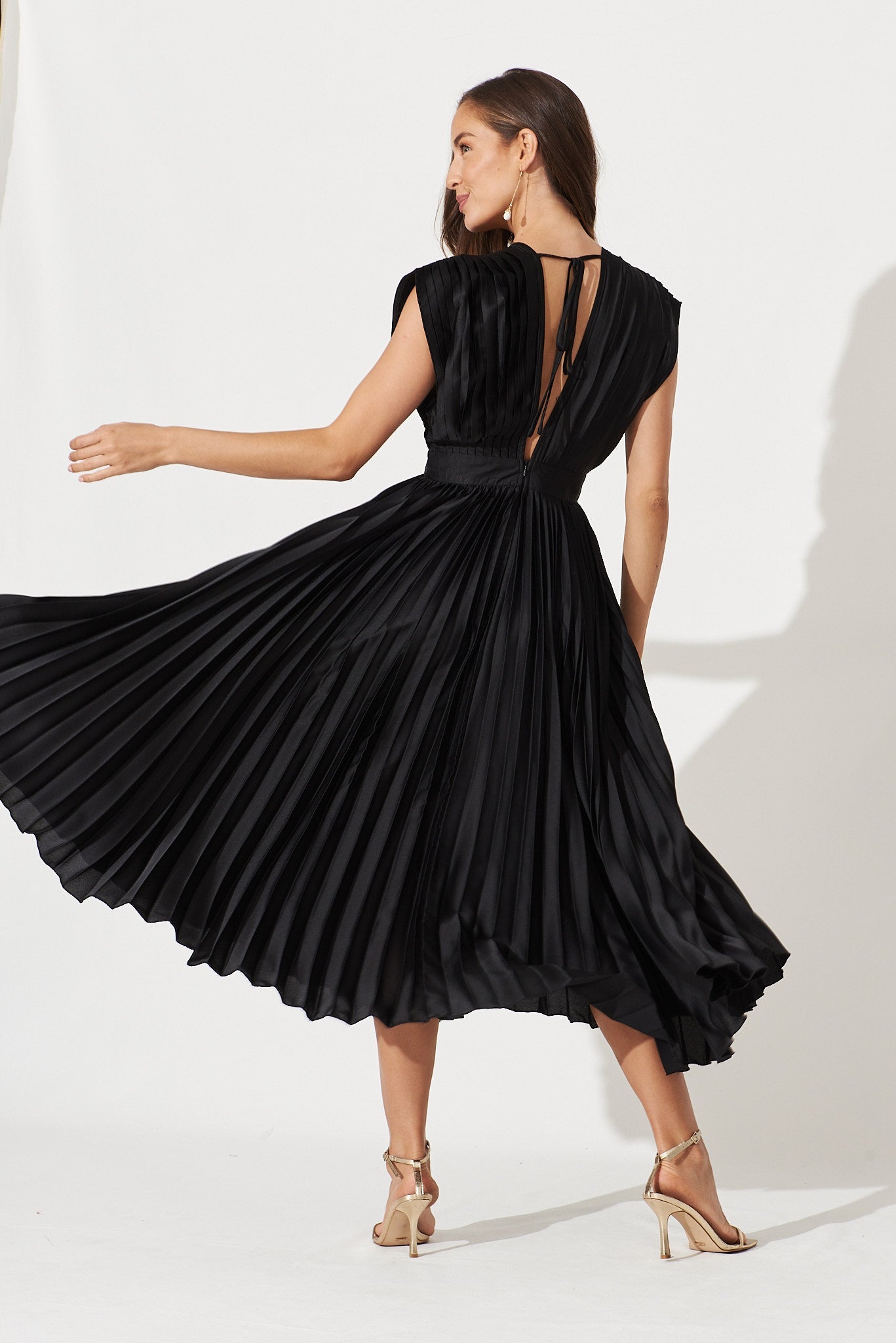 Black Satin Pleated Midi Dress - Anetta